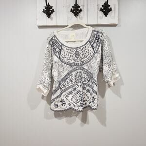 Anthropologie Maeve Ester Eyelet Embroidered Top White Navy Blouse Womens M